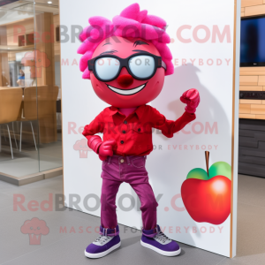 Magenta Apple mascot costume character dressed with a Jeans and Sunglasses