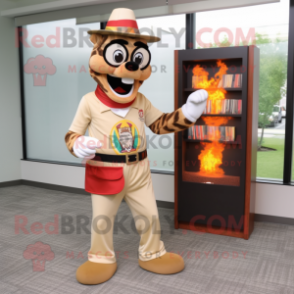 Tan Fire Eater mascot costume character dressed with a Dress Pants and Reading glasses