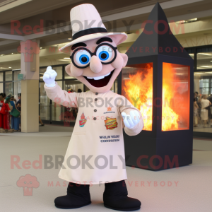 Tan Fire Eater mascot costume character dressed with a Dress Pants and Reading glasses