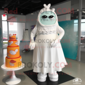 White Wedding Cake mascot costume character dressed with a Shift Dress and Shawl pins