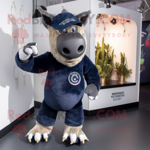 Navy Woolly Rhinoceros mascot costume character dressed with a Playsuit and Shoe clips
