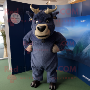 Navy Woolly Rhinoceros mascot costume character dressed with a Playsuit and Shoe clips