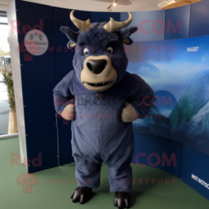 Navy Woolly Rhinoceros mascot costume character dressed with a Playsuit and Shoe clips