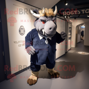 Navy Woolly Rhinoceros mascot costume character dressed with a Playsuit and Shoe clips