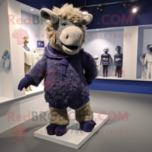 Navy Woolly Rhinoceros mascot costume character dressed with a Playsuit and Shoe clips