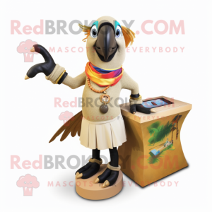 Tan Toucan mascot costume character dressed with a A-Line Skirt and Keychains
