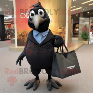 Black Quail mascot costume character dressed with a Suit and Tote bags