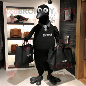 Black Quail mascot costume character dressed with a Suit and Tote bags