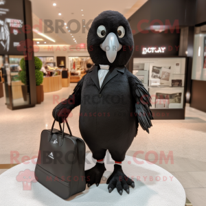Black Quail mascot costume character dressed with a Suit and Tote bags