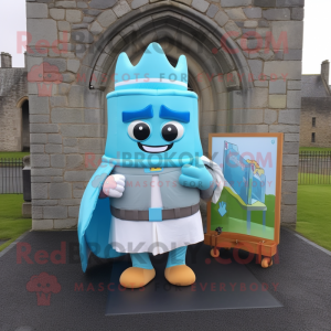 Sky Blue Irish Castle mascot costume character dressed with a Cover-up and Wallets