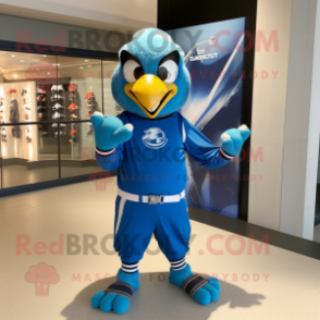 Blue Hawk mascot costume character dressed with a Rash Guard and Bracelets