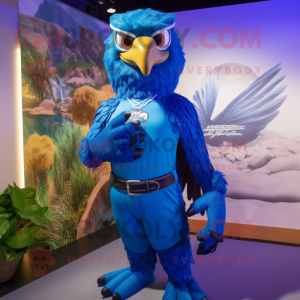 Blue Hawk mascot costume character dressed with a Rash Guard and Bracelets