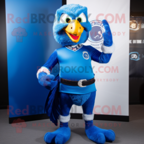 Blue Hawk mascot costume character dressed with a Rash Guard and Bracelets