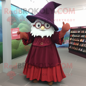 Maroon Witch'S Hat mascot costume character dressed with a A-Line Skirt and Reading glasses