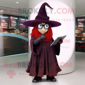 Maroon Witch'S Hat mascot costume character dressed with a A-Line Skirt and Reading glasses