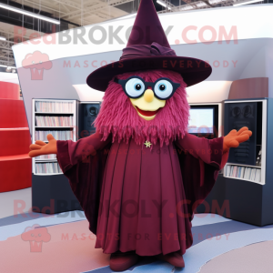 Maroon Witch'S Hat mascot costume character dressed with a A-Line Skirt and Reading glasses