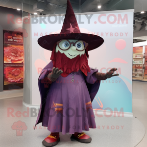Maroon Witch'S Hat mascot costume character dressed with a A-Line Skirt and Reading glasses