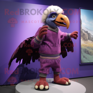 Purple Vulture mascot costume character dressed with a Sweater and Shoe clips