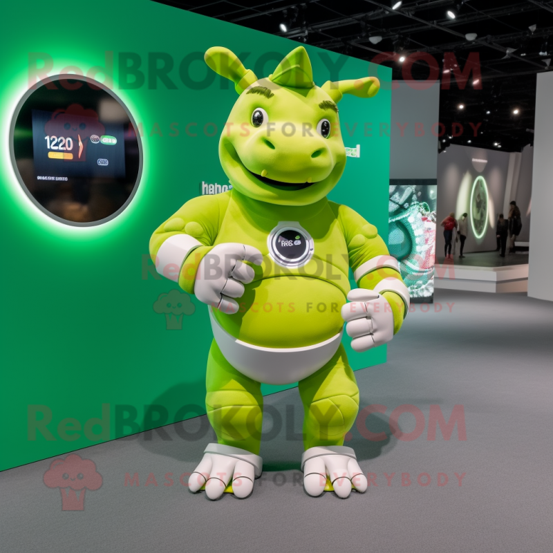 Lime Green Rhinoceros mascot costume character dressed with a Swimwear and Smartwatches