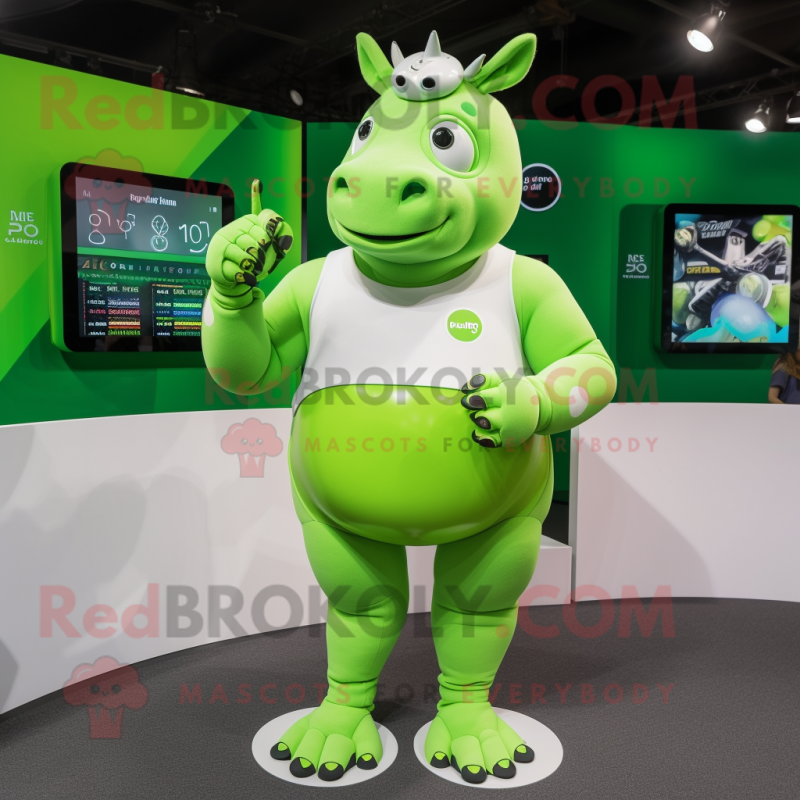 Lime Green Rhinoceros mascot costume character dressed with a Swimwear and Smartwatches