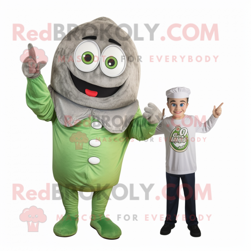 Gray Pesto Pasta mascot costume character dressed with a Romper and Watches Gray Pesto Pasta mascot costume character dressed with a Romper and Watches