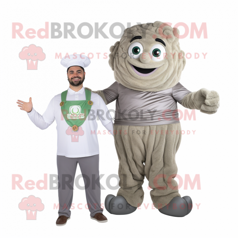 Gray Pesto Pasta mascot costume character dressed with a Romper and Watches Gray Pesto Pasta mascot costume character dressed with a Romper and Watches