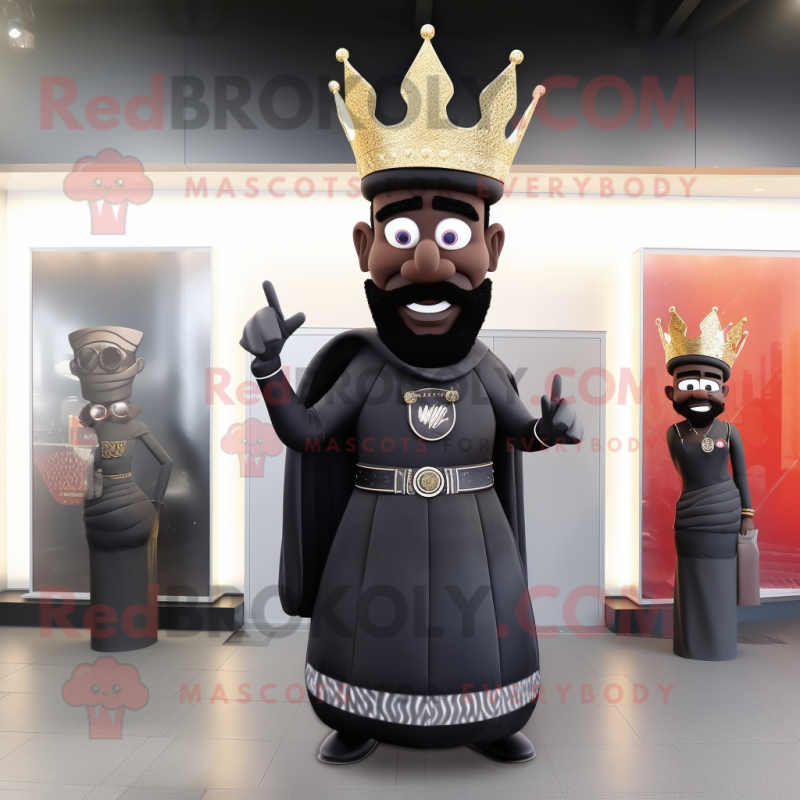 Black King mascot costume character dressed with a Evening Gown and Berets Black King mascot costume character dressed with a Evening Gown and Berets