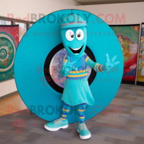 Turquoise Plate Spinner mascot costume character dressed with a Dress Pants and Bracelets