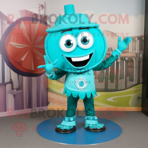 Turquoise Plate Spinner mascot costume character dressed with a Dress Pants and Bracelets