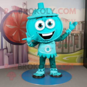 Turquoise Plate Spinner mascot costume character dressed with a Dress Pants and Bracelets