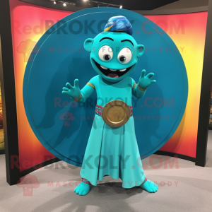 Turquoise Plate Spinner mascot costume character dressed with a Dress Pants and Bracelets