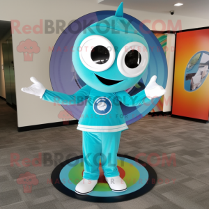 Turquoise Plate Spinner mascot costume character dressed with a Dress Pants and Bracelets