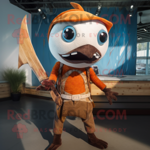 Rust Swordfish mascot costume character dressed with a Overalls and Shawls