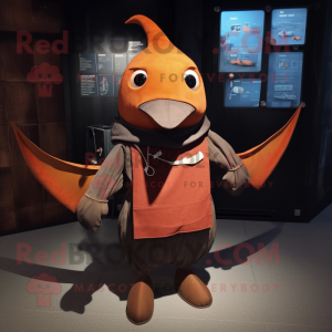 Rust Swordfish mascot costume character dressed with a Overalls and Shawls