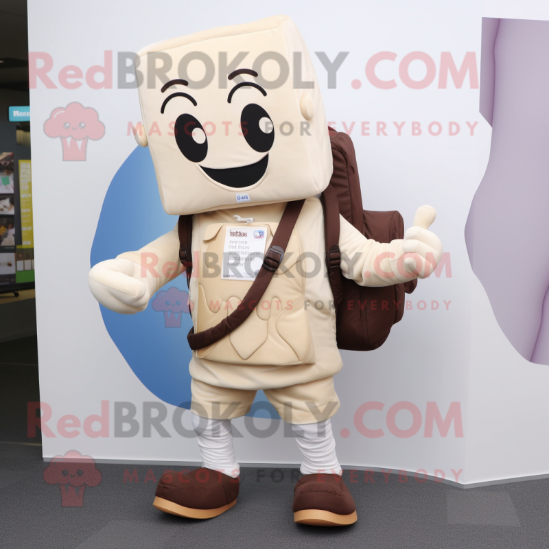 Cream Chocolate Bars mascot costume character dressed with a Trousers and Backpacks Cream Chocolate Bars mascot costume character dressed with a Trousers and Backpacks