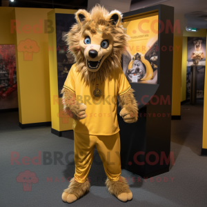 Gold Hyena mascot costume character dressed with a Henley Shirt and Shoe laces