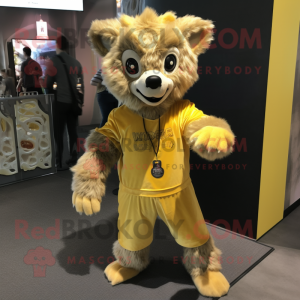 Gold Hyena mascot costume character dressed with a Henley Shirt and Shoe laces