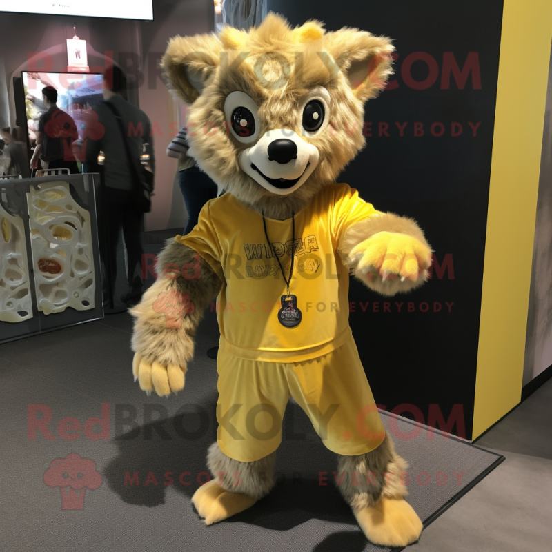 Gold Hyena mascot costume character dressed with a Henley Shirt and Shoe laces Gold Hyena mascot costume character dressed with a Henley Shirt and Shoe laces
