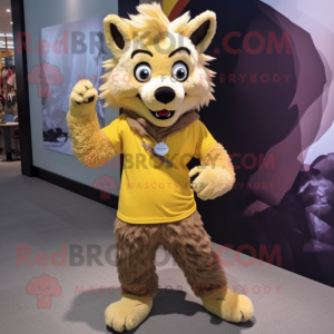 Gold Hyena mascot costume character dressed with a Henley Shirt and Shoe laces