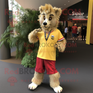 Gold Hyena mascot costume character dressed with a Henley Shirt and Shoe laces