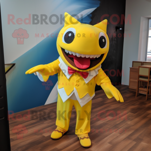 Yellow Shark mascot costume character dressed with a Trousers and Bow ties