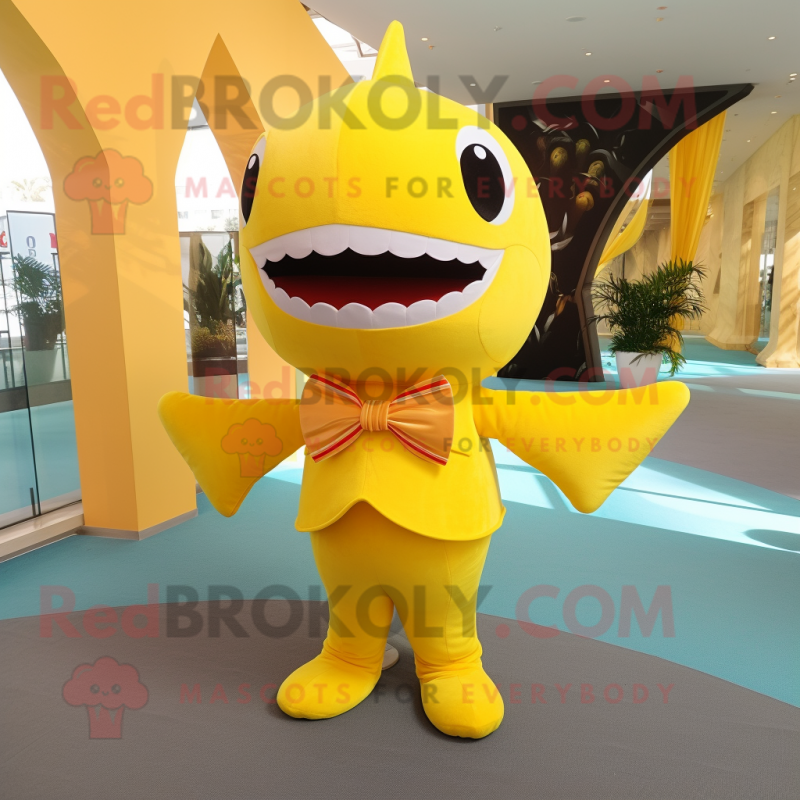 Yellow Shark mascot costume character dressed with a Trousers and Bow ties