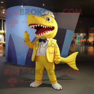 Yellow Shark mascot costume character dressed with a Trousers and Bow ties