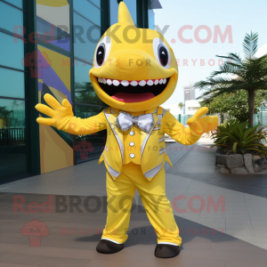 Yellow Shark mascot costume character dressed with a Trousers and Bow ties