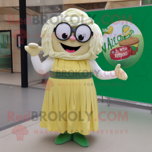 Cream Pesto Pasta mascot costume character dressed with a A-Line Skirt and Reading glasses