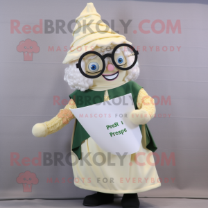 Cream Pesto Pasta mascot costume character dressed with a A-Line Skirt and Reading glasses