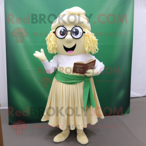 Cream Pesto Pasta mascot costume character dressed with a A-Line Skirt and Reading glasses