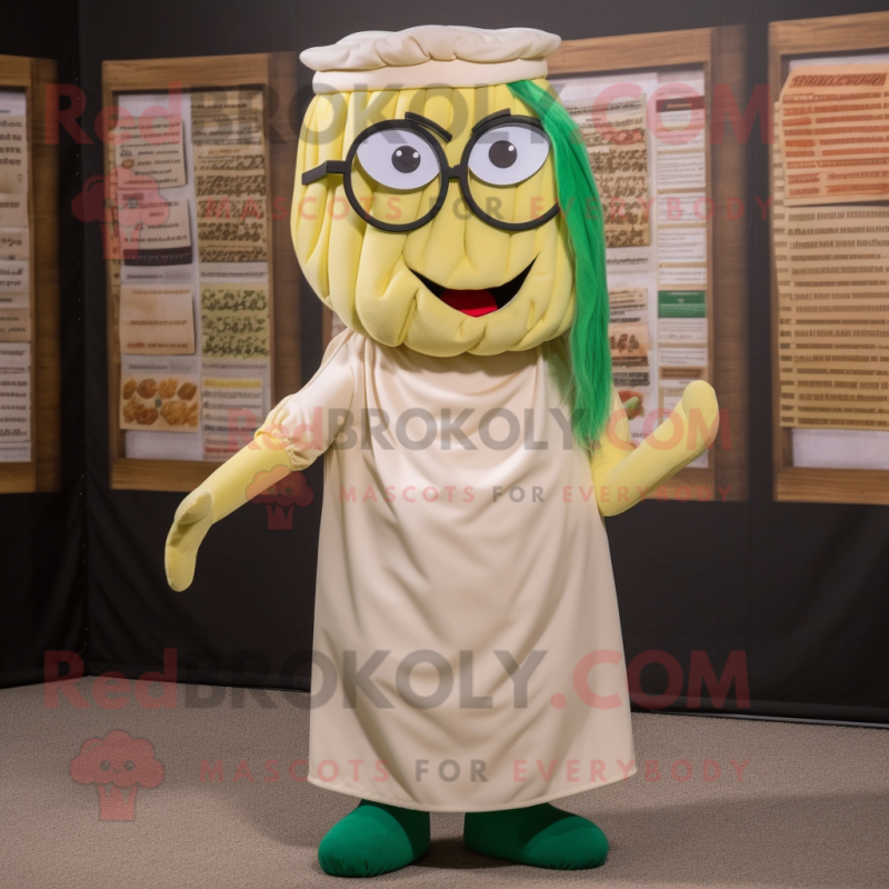Cream Pesto Pasta mascot costume character dressed with a A-Line Skirt and Reading glasses