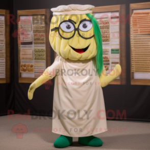 Cream Pesto Pasta mascot costume character dressed with a A-Line Skirt and Reading glasses