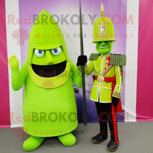 Lime Green British Royal Guard mascot costume character dressed with a Long Sleeve Tee and Hats